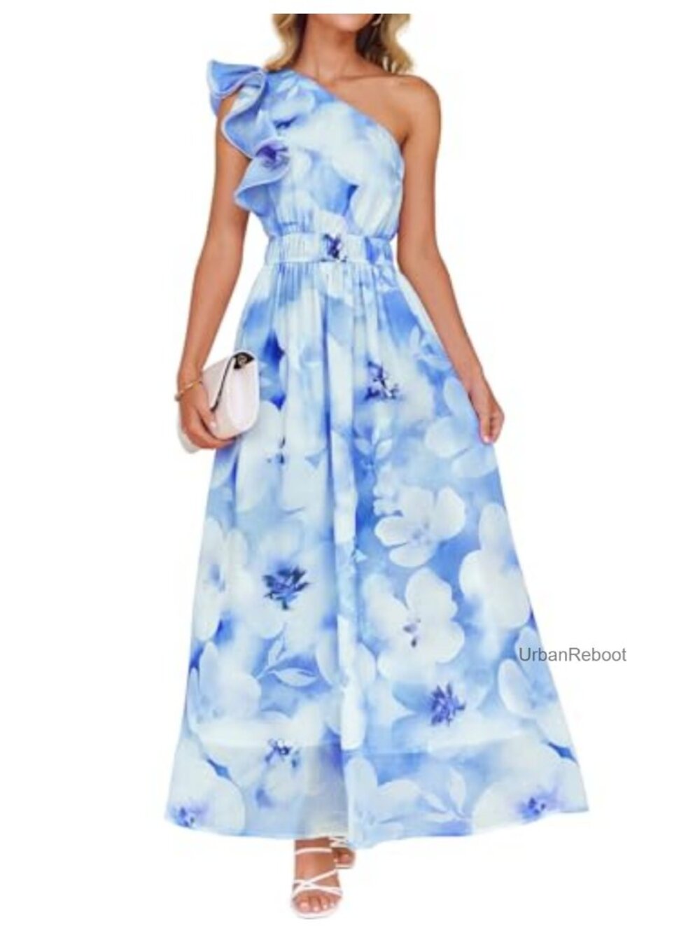Sleeveless One Shoulder Floral Maxi Dress Chiffon Ruffled
